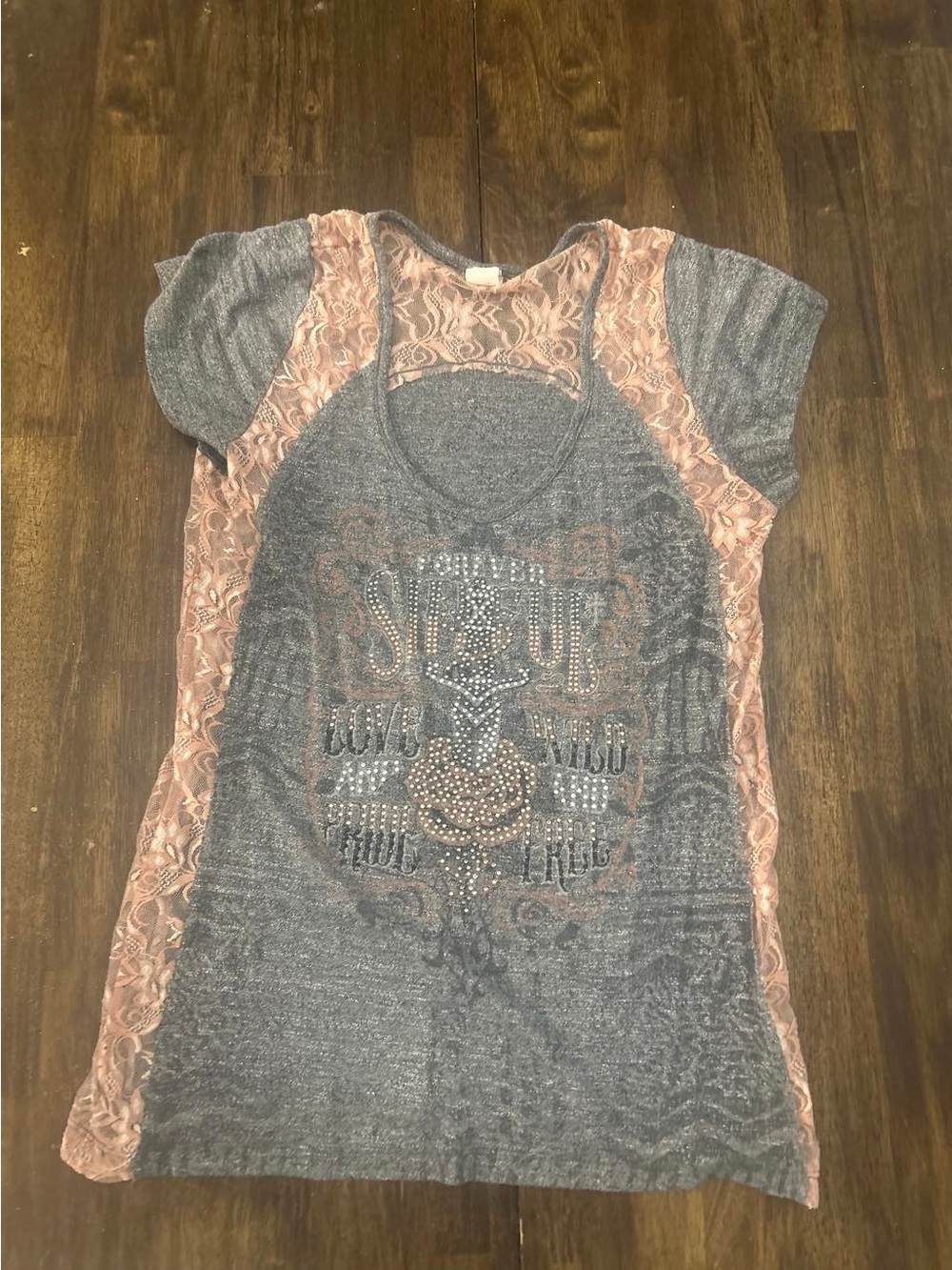 Affliction Gray Tee with Blush Lace Panels and Rhinestone Graphic